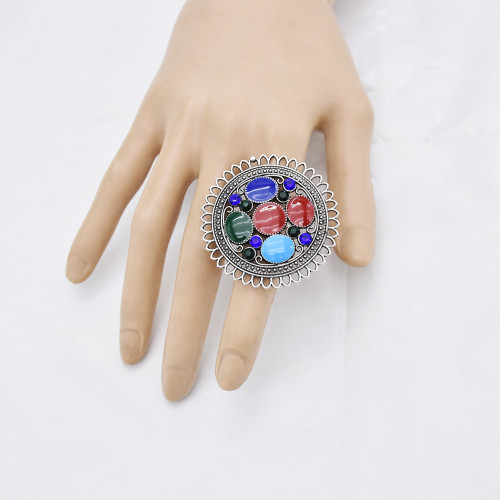 R-1528  Bohemian Vintage Silver Alloy Enamel Rhinestone Finger Rings for Women Adjustable Indian Party Jewelry