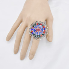 R-1528  Bohemian Vintage Silver Alloy Enamel Rhinestone Finger Rings for Women Adjustable Indian Party Jewelry