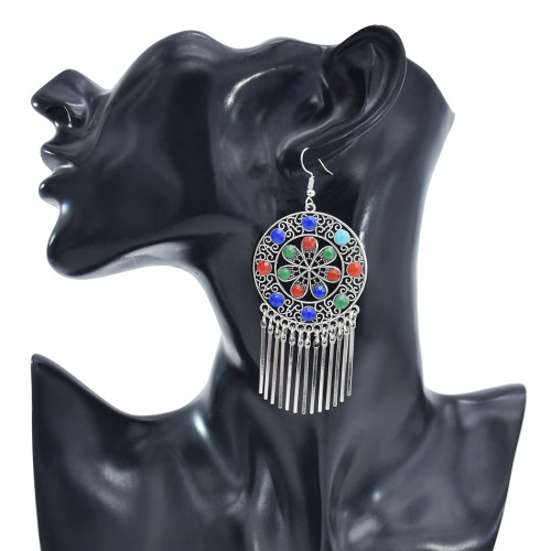 E-5908  Vintage silver inlaid colorful gems coin tassel pendant earrings party gift women jewelry