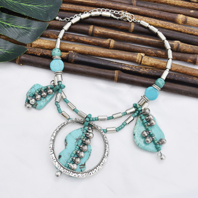N-7408  Silver Chain turquoise green stone Pendant Choker Necklaces for Women Bohemian Party Jewelry