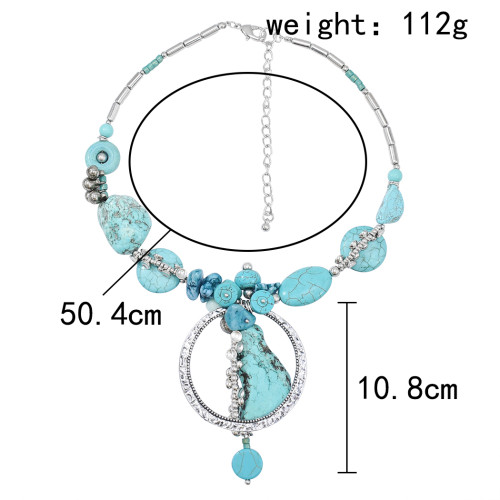 N-7410  Bohemian Ethnic Irregular Turquoise Stone Silver Chain Bells Tassel Necklaces for Women Tribal Party Jewelry