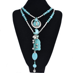 N-7410  Bohemian Ethnic Irregular Turquoise Stone Silver Chain Bells Tassel Necklaces for Women Tribal Party Jewelry