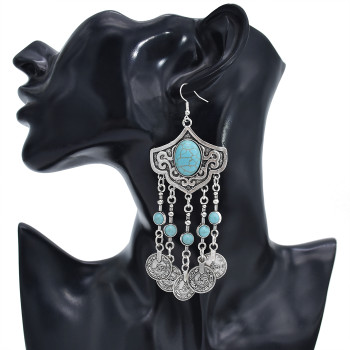 E-5911  Ethnic Bohemian Coin Tassel Drop Earring Antique Green Stone Tribal Earrings Broncos Fashion Party Jewelry