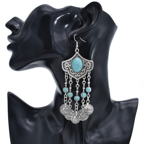 E-5911  Ethnic Bohemian Coin Tassel Drop Earring Antique Green Stone Tribal Earrings Broncos Fashion Party Jewelry