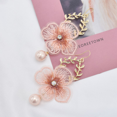 E-5912  Korea Fashion Gold alloy Lace embroidery flower beaded drop earrings Jewelry