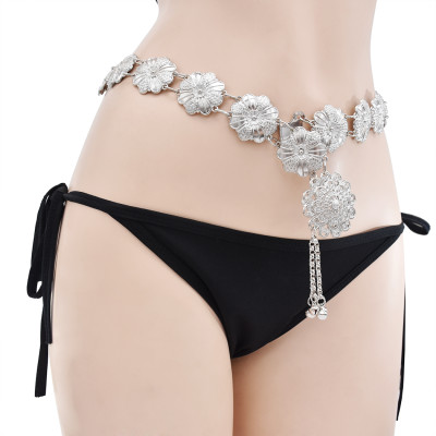 N-7413  Bohemian metal alloy flowers with bells tassel dance waist chain ethnic style woman beach sexy body chain jewelry