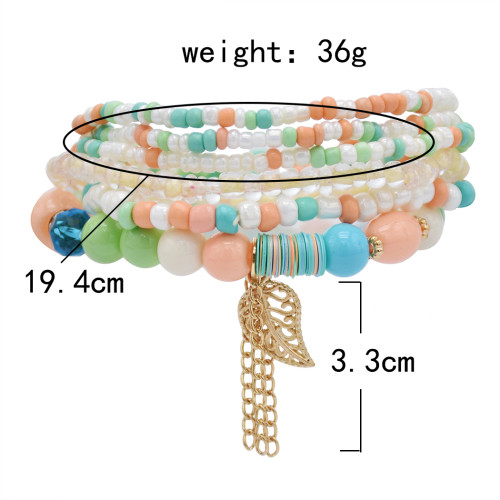 B-1074  6 Pcs/Set Bohemian Multi-layer Beaded Bracelets Set Women Leaf Pendant Colorful Stone Elastic Bracelets Fashion Jewelry