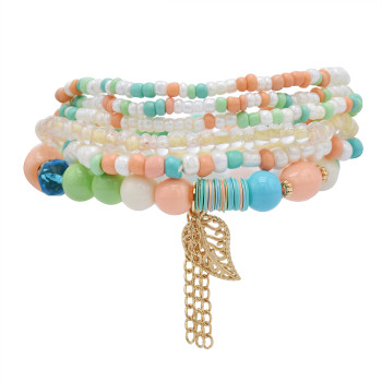 B-1074  6 Pcs/Set Bohemian Multi-layer Beaded Bracelets Set Women Leaf Pendant Colorful Stone Elastic Bracelets Fashion Jewelry