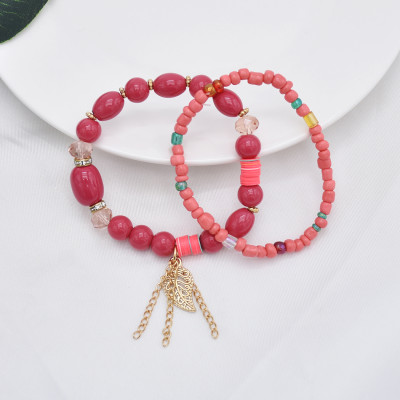 B-1074  6 Pcs/Set Bohemian Multi-layer Beaded Bracelets Set Women Leaf Pendant Colorful Stone Elastic Bracelets Fashion Jewelry