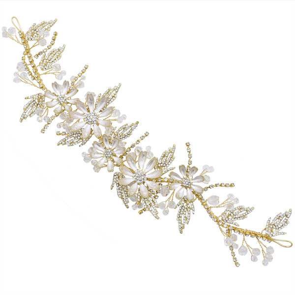 F-0793 Bridal Gold Wired Rhinestone Pearl Beads Leaf Flower Headbands for Women Wedding Hair Accessories
