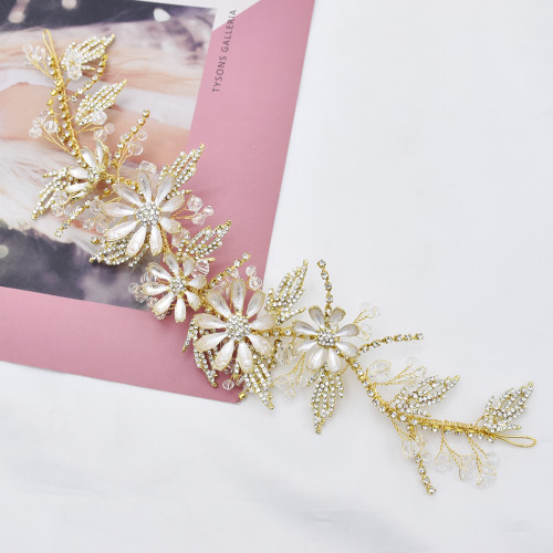F-0793  Bridal Gold Wired Rhinestone Pearl Beads Leaf Flower Headbands for Women Wedding Hair Accessories