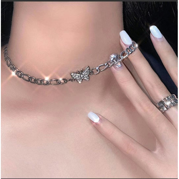 N-7412  2 Styles Fashion Silver Chain Rhinestone Butterfly Smile Pendant Necklaces for Women Girl Party Jewelry