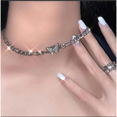 N-7412  2 Styles Fashion Silver Chain Rhinestone Butterfly Smile Pendant Necklaces for Women Girl Party Jewelry