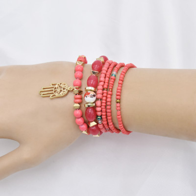 B-1076  6 Pcs/Set Bohemain Jewelry Acrylic Beaded Elatic Bracelets for Women with Hand Pendant Party Jewelry Gift