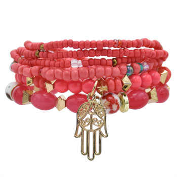 B-1076  6 Pcs/Set Bohemain Jewelry Acrylic Beaded Elatic Bracelets for Women with Hand Pendant Party Jewelry Gift