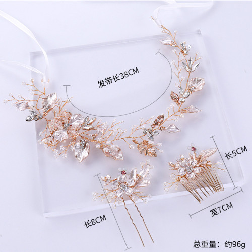 F-0795  Bridal Gold Wired Rhinestone Pearl Beads Leaf Flower Headbands Hairclip Haircomb Jewelry sets for Women Wedding Hair Accessories