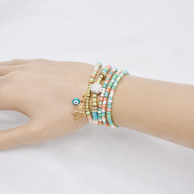 B-1080  Multi-layer Beaded Bracelets Set Women Heart Pendant crystal hand Bracelets Fashion Jewelry