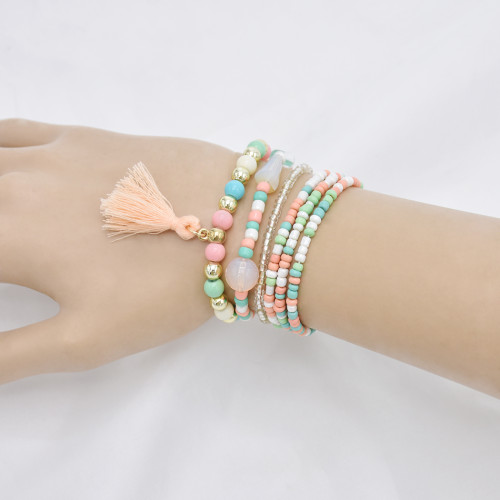 B-1081  6 pieces/set of boho jewelry acrylic color beaded elastic bracelet party jewelry gift women jewelry