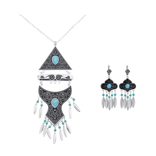 N-7415  Vintage Silver Metal Red Black Blue Stone Necklaces Earrings Sets for Women Bohemian Gypsy Party Jewelry Sets