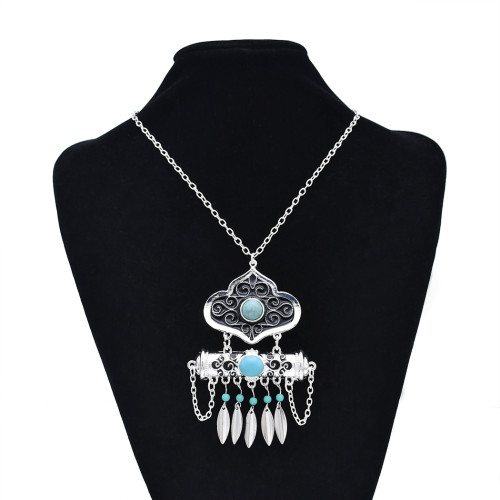 N-7418  Vintage silver color stone tassel necklace earring set female bohemian gypsy party jewelry set