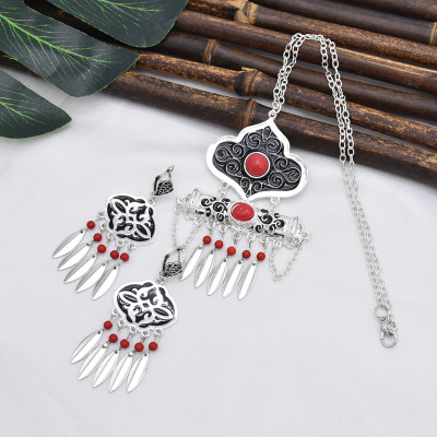N-7418  Vintage silver color stone tassel necklace earring set female bohemian gypsy party jewelry set