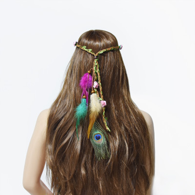 F-0801  Ethnic Peacock Feather Flower Headbands Headdress for Women Bohemian Gypsy Tribal Feather Hair Accessories
