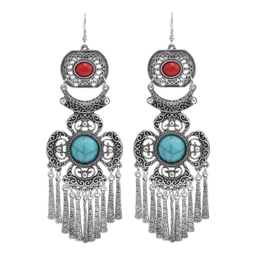 E-5920  Vintage Ethnic Carved Flower Turquoise tassel Earrings Gypsy Party Jewelry Gift