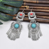 E-5920  Vintage Ethnic Carved Flower Turquoise tassel Earrings Gypsy Party Jewelry Gift