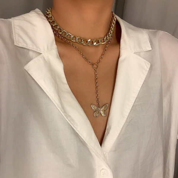 N-7421 Gold Silver Butterfly Pendant Choker Necklaces for Women Fashion Layered Thick Chain Y Necklace