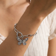 B-1086  Vintage Silver Thick Chain Butterfly Pendant Bracelet Party Gift Women Jewelry