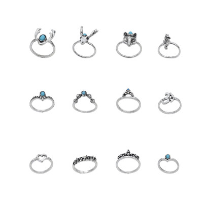 R-1533  12pcs/set Bohemian Vintage Gold Silver Antlers/ fox/ seahorse/ starfish/leaves shape Joint Ring set Short Ring Party Gift Jewelry