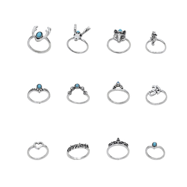 R-1533  12pcs/set Bohemian Vintage Gold Silver Antlers/ fox/ seahorse/ starfish/leaves shape Joint Ring set Short Ring Party Gift Jewelry