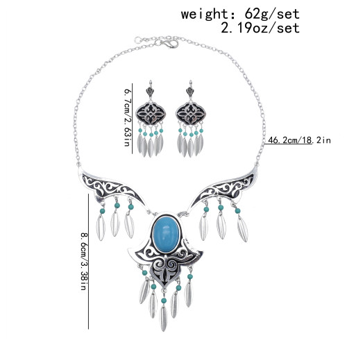 N-7425  Retro silver blue gemstone tassel necklace earrings set female bohemian gypsy party jewelry set
