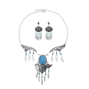 N-7425  Retro silver blue gemstone tassel necklace earrings set female bohemian gypsy party jewelry set