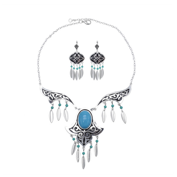 N-7425  Retro silver blue gemstone tassel necklace earrings set female bohemian gypsy party jewelry set