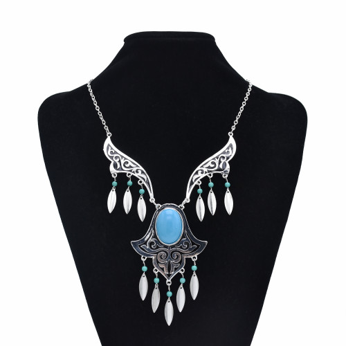 N-7425  Retro silver blue gemstone tassel necklace earrings set female bohemian gypsy party jewelry set