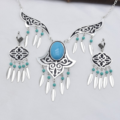 N-7425  Retro silver blue gemstone tassel necklace earrings set female bohemian gypsy party jewelry set