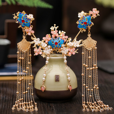 F-0807  Hanfu headdress hairpin earrings tassels full set of ancient style hair crown set step by step ancient costume hair comb jewelry Sets