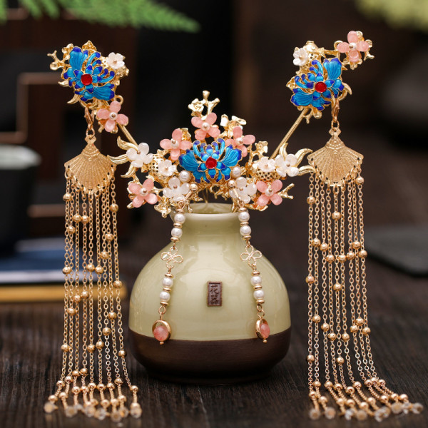 F-0807 Hanfu headdress hairpin earrings tassels full set of ancient style hair crown set step by step ancient costume hair comb jewelry Sets