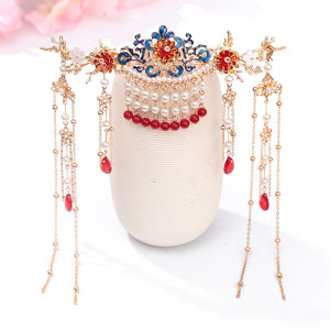 F-0808  Hair comb insert comb Hanfu antique fringed headdress Red retro hair crown earrings sets Bride costume headdress Jewelry set