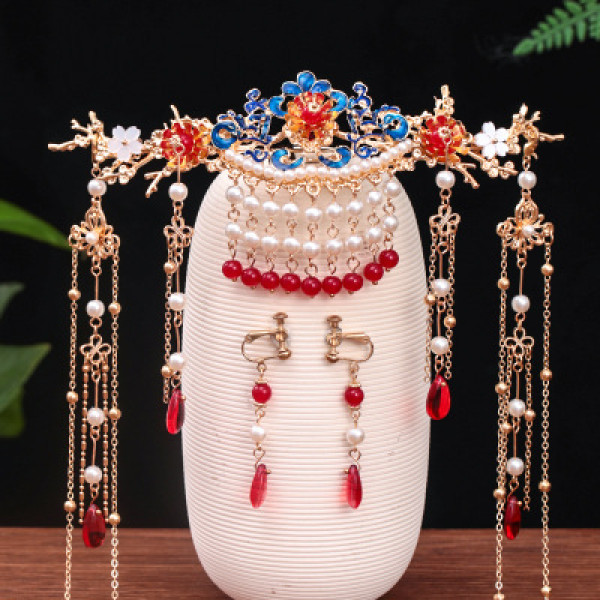 F-0808 Hair comb insert comb Hanfu antique fringed headdress Red retro hair crown earrings sets Bride costume headdress Jewelry set