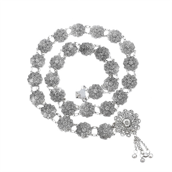 N-7426  Boho Vintage Silver Tassel Bells Body Chain for Women Indian Ethnic Dance Waist Chain