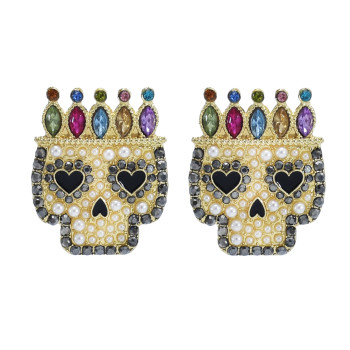 E-5940  new style stud earrings fashion gold plated crystal pearl colorful enamel skull handmade earrings jewelry