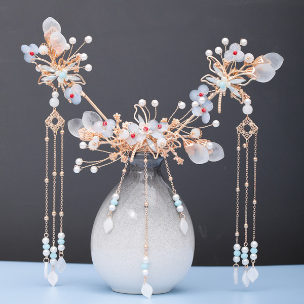 F-0813  Hanfu headdress hairpin comb earrings set dragonfly tassel hair accessories handmade antique accessories Jewelry set