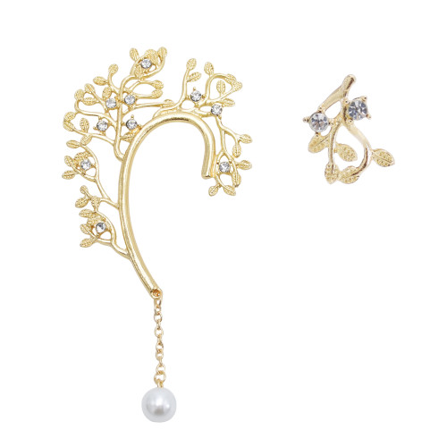 E-5948  Fashion Asymmetric earrings leaves crystal pearl tassel ear clip ear studs For Women Jewelry gift