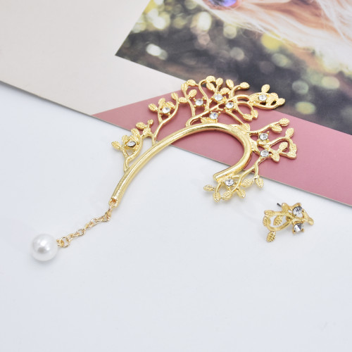 E-5948  Fashion Asymmetric earrings leaves crystal pearl tassel ear clip ear studs For Women Jewelry gift