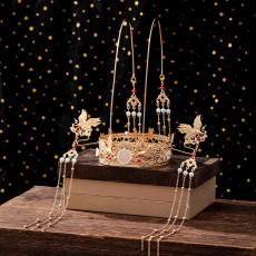 F-0816  Hanfu Accessories Golden Crane Hair Crown Antique Luxury Pearl Two-step Shake Bride Xiuhe Dress Headdress