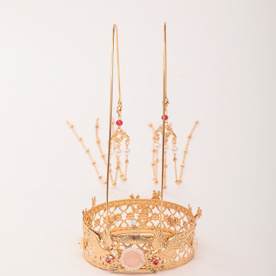 F-0816  Hanfu Accessories Golden Crane Hair Crown Antique Luxury Pearl Two-step Shake Bride Xiuhe Dress Headdress