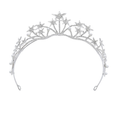 F-0821 Bridal Star Headband Crystal Rhinestones Silver Tiara Queens Princess Crown for Women Girls Wedding Birthday