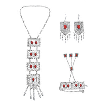 N-7434 Vintage Silver Metal Red Stone Necklace Bracelet Earrings Sets for Women Bohemian Gypsy Party Jewelry Sets